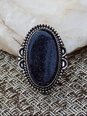 Deep Blue Sunstone BOHO Oval Sterling 925 Silver Statement Ring Sz 8